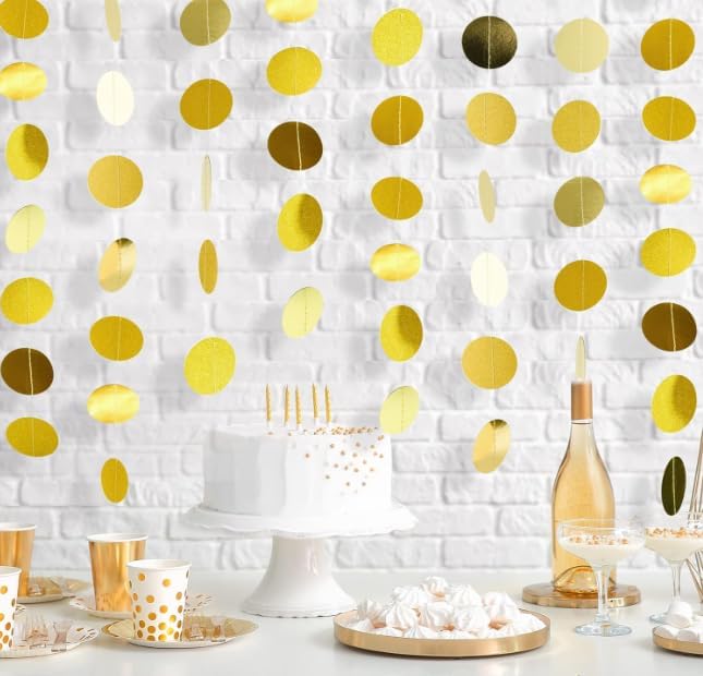 Gold Circle Dots Garlands Decorations, 52 Feet, Glitter Garland Hanging Banner for Christmas Party, Anniversaries, Wedding, Birthday Parties, Graduations Parties, Baby Shower(Gold)