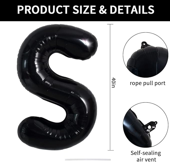 TONIFUL 40 Inch Large Black S Letter Balloon - Jumbo Helium Foil Mylar Big Alphabet for 2026 New Year Eve Graduation Wedding Baby Shower Birthday Party Anniversary Supplies Decorations