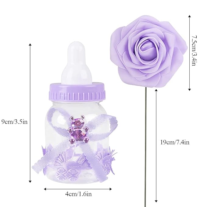 MACTING 2 Dozens 3.5 Inch Feeding Bottle Candy Box with 5Pcs Artificial Flower Rose for Baby Shower Favor Gift Decoration (Purple)