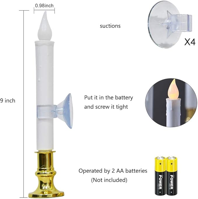 GOOTHY Christmas Window Candles Lights, Automatic Timer LED Flickering Candle Lights with Gold Base (6/18 Hour Timer), 9'' LED Battery Operated Candles for Indoor Table Party Decor- Set of 4