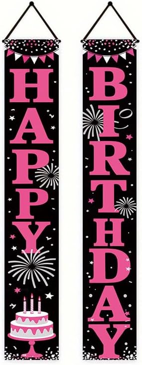12x71 inch Birthday Party Porch Banner Durable pink and black fireworks cake design, suitable for indoor and outdoor hanging decorations for birthdays, anniversaries, or graduation ceremonies. Made of weather resistant polyester material, it is easy to...