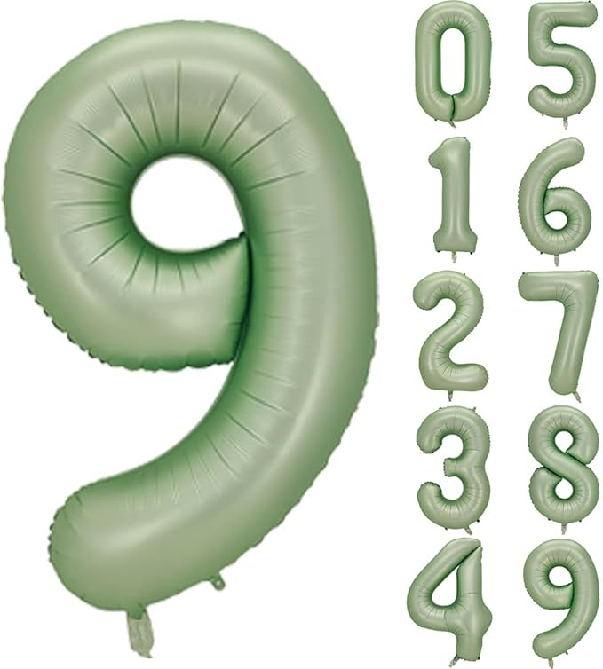 Number 9 Balloon, Large number balloons 40 inch, 9th Birthday Party Decorations 9 Year Old Birthday Sign Decor, Sage Green