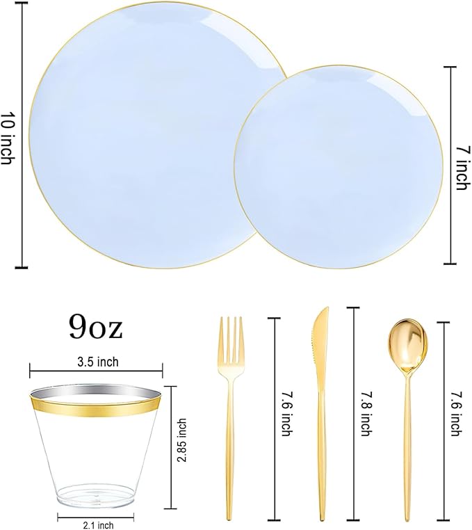 bUCLA 150PCS Blue Plastic Plates - Light Blue and Gold Disposable Include 25 Each (Dinner & Dessert) Plates, 25 Knives, 25 Forks, 25 Spoons and 25 Cups, Ideal for Party, Easter, Birthday & Wedding