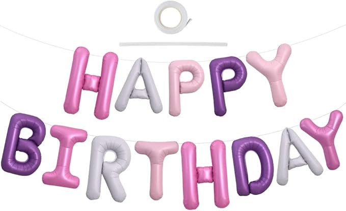 TONIFUL Happy Birthday Balloons Banner with Ribbon Straw, 16 Inch Mylar Foil Letters Birthday Sign Banner Balloon Bunting Reusable for Girls Boys Kids & Adults Birthday Supplies（Pink Purple）