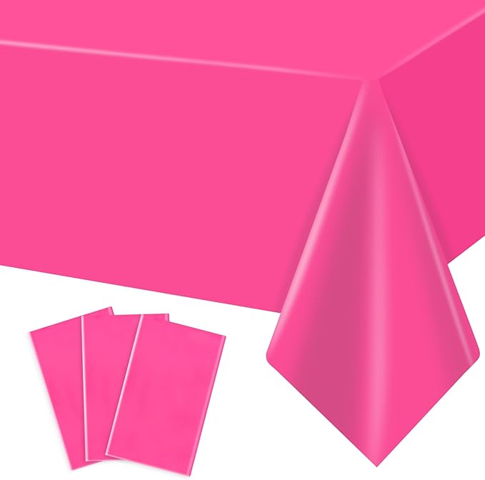 MRJ 3 Pack Hot Pink Disposable Table Cloth 54 x 108 Inch Rectangle Tablecloths for Birthday Party Decorations Plastic Table Cover