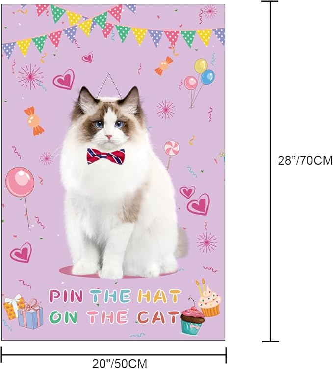 T-Antrix Pin The Hat on The Cat Party Games -Cat Themed Birthday Games for Girls with 21'' x 28'' Poster, Resuable Hats Stickers Carnival Party Supplies Kids Birthday Party Favor Sets