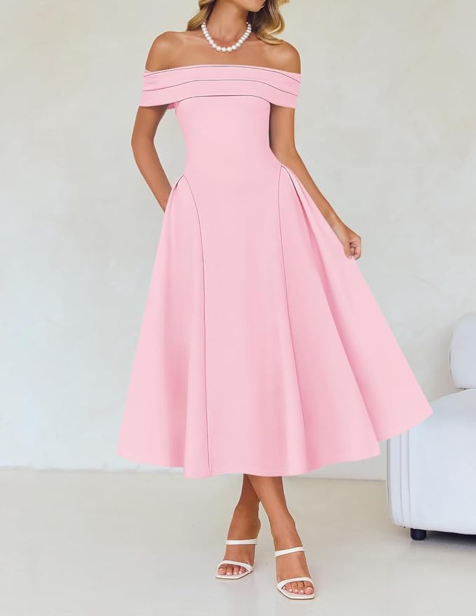 ZESICA Summer 2026 Cocktail Dresses for Women's Off Shoulder Short Sleeve Swing A Line Wedding Evening Party Midi Dress