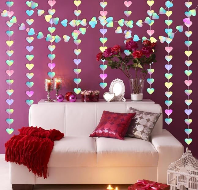 Iridescent Heart Garland Hanging Decorations, 52 Feet, Hanging Streamers Banner for Christmas Party, Wedding, Birthday Parties, Graduations Parties, Baby Showers, Valentines (Iridescent Heart)