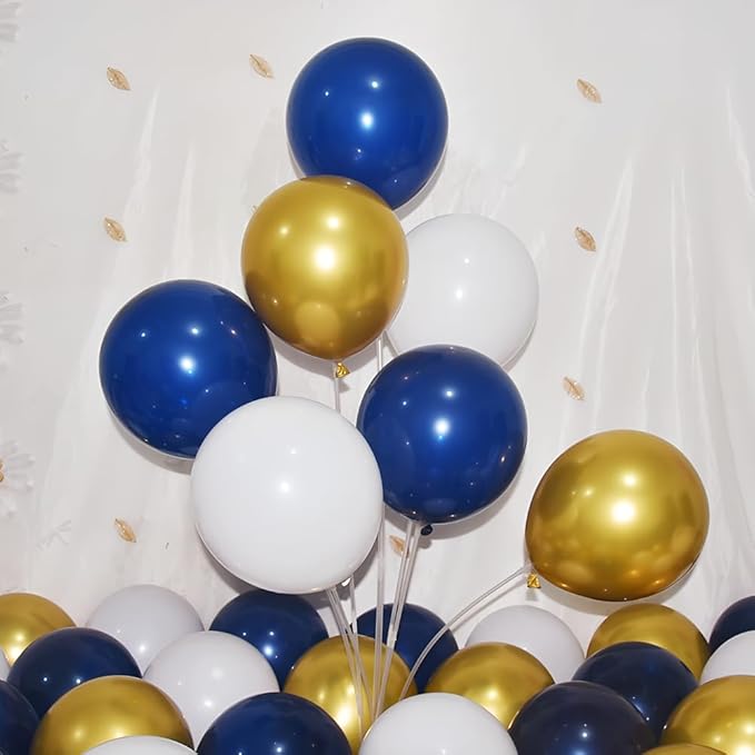 200 Pcs Navy Blue Gold and White Balloons 12 Inch Latex Metallic Chrome Balloon Arch Garland Kit for Birthday Wedding Bridal Baby Shower Supplies Graduation Party Decorations