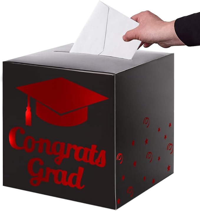 Graduation Card Box Holder, Congrats Grad Foldable Cardboard Decorations Box for Graduation Party Decoration and Grad Parties (Black-red)