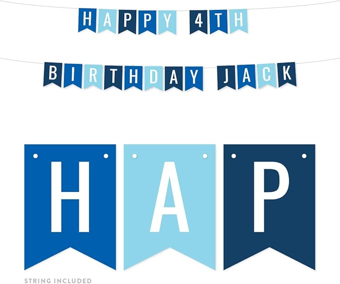 Andaz Press Personalized Hanging Pennant Banner Party Decorations, Royal Blue, Baby Blue, Navy Blue, Happy 4th Birthday Jack, 1-Pack, Approx. 5-Feet, Custom Name and Number