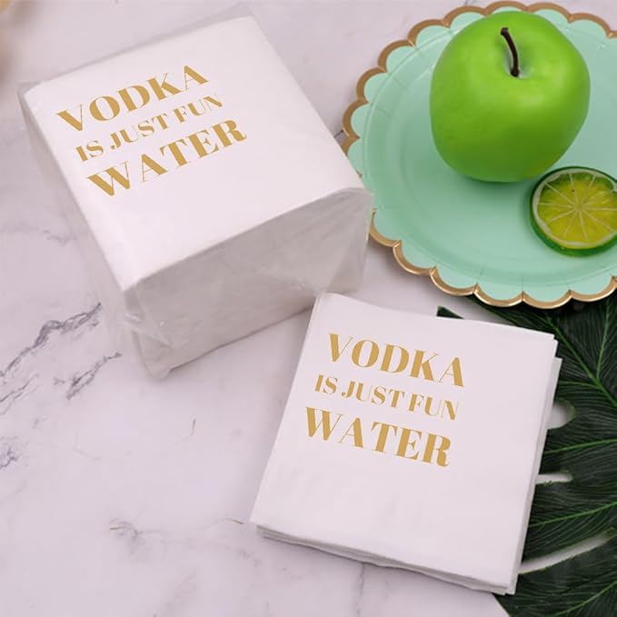 Funny Cocktail Napkins 100Pcs Funny Quotes Saying Disposable Paper Party Napkins 4.5 x 4.5 Two-ply (Vodka Is Just Fun Water Napkins)