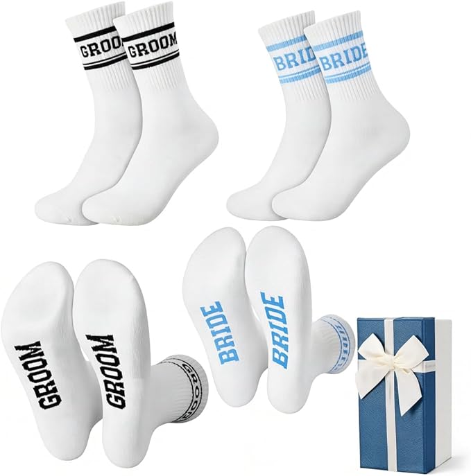Bride Socks for Wedding Day 2 Pairs - Bridal Groom Socks Bride to Be Something Blue Cotton Ankle Sock with Gift Box