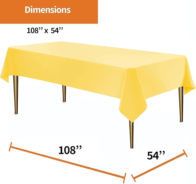 Party Dimensions Yellow Disposable Plastic Tablecloth for Rectangle Tables (48 Pack) Premium Decorative Table Cloths for Parties, Events & Weddings, Indoors & Outdoors, 54 x 108 inches
