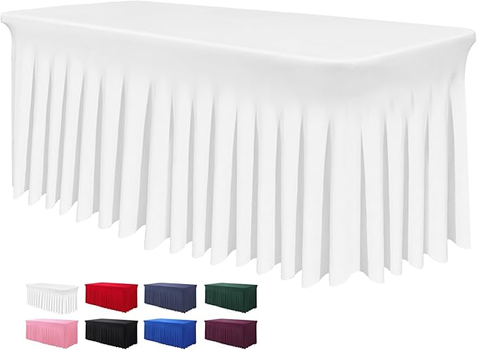 Table Skirts for Rectangle Tables 8ft - One-Piece White Tablecloths and Skirt, Wrinkle Resistant Ruffles Elastic Cover for Banquets, Weddings, Events, Parties