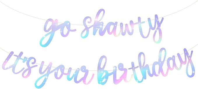 BEISHIDA Iridescent Go Shawty It's Your Birthday Banner - NO DIY - Hip Hop Theme Glitter Happy Birthday Banner - Pre-Strung - Black Rap Theme Happy Birthday Sign for Man Women birthday Party Supply