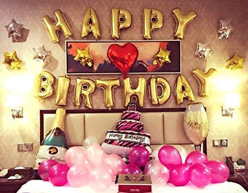TONIFUL 3D Gold Happy Birthday Balloons Banner with Ribbon Straw, 16 Inch Mylar Foil Letters Birthday Sign Banner Balloon Bunting Reusable for Girls Boys Kids & Adults Birthday Halloween Supplies