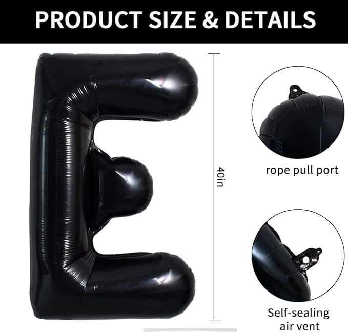 TONIFUL 40 Inch Large Black E Letter Balloon - Jumbo Helium Foil Mylar Big Alphabet for 2026 New Year Eve Graduation Wedding Baby Shower Birthday Party Anniversary Supplies Decorations