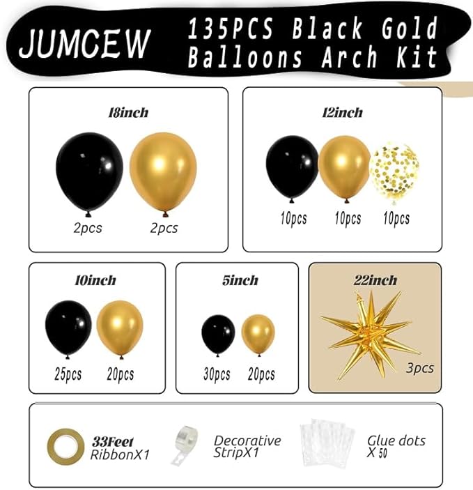 Black and Gold Balloons, 135pcs Black Gold Arch Kit Confetti Star Latex Balloons 5 10 12 18 Inch for Decorations Birthday Retirement Wedding Anniversary New Years Party Decorations