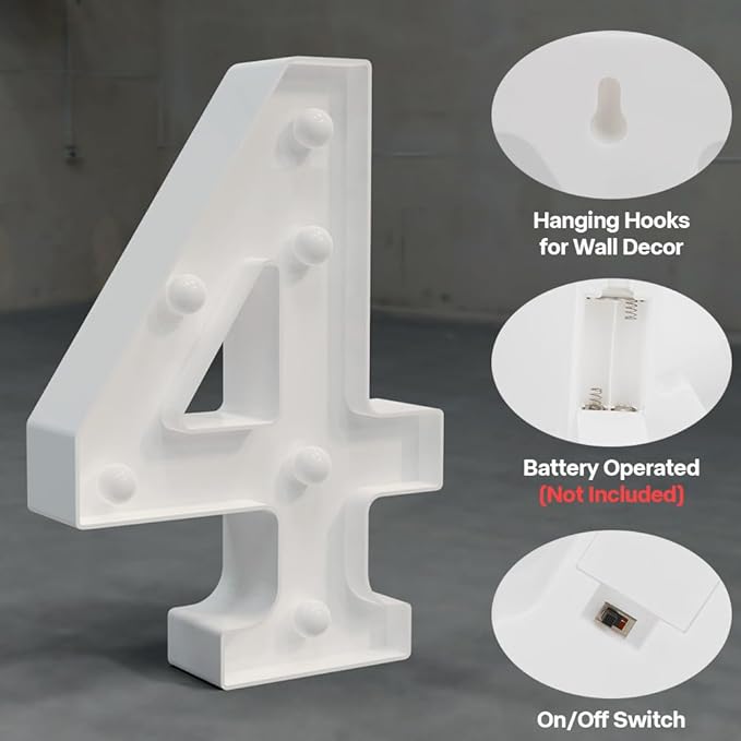 Marquee Numbers Light up Numbers, 0-9 Number Battery Powered LED Light, White Plastic Numbers Sign, Night Light Number Decor for Graduation Engagement Wedding Baby Shower Birthday (Number 4)