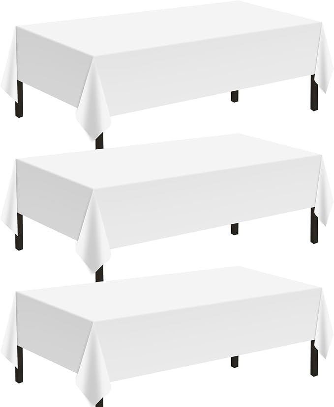 Childom 3 Pack Plastic Tablecloths for Rectangle Tables 54" x 108" White Disposable Table Cloths for 6 to 8 Foot Tables Indoor or Outdoor Parties Birthday Wedding Christmas Anniversary Buffet Table