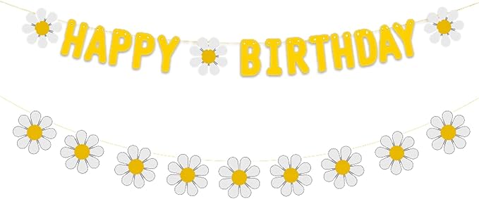 Zwiebeco Yellow Daisy Flower Happy Birthday Party Decoration Sign Banner Bunting Garland Hanging Paper Kit for Kids Adults Groovy Hippie Theme Accessories Supplies