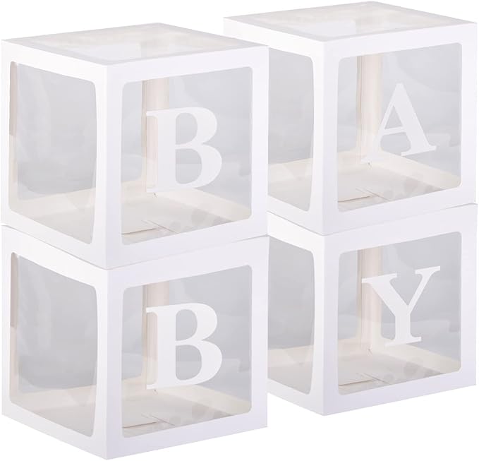 White Clear Baby Boxes with Baby Letters Party Decoration - Transparent Ballon Boxes Backdrop - Baby Shower Birthday Party ,Gender Reveal ,Wedding -4PCS