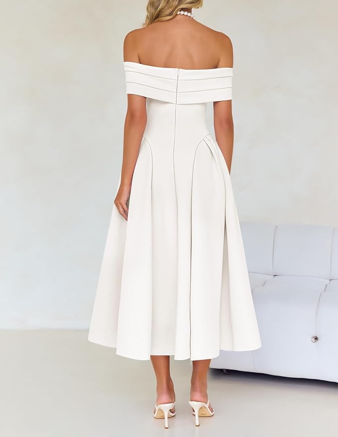 ZESICA Summer 2026 Cocktail Dresses for Women's Off Shoulder Short Sleeve Swing A Line Wedding Evening Party Midi Dress