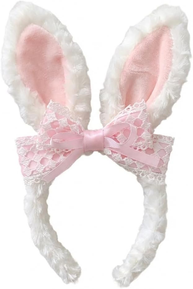 Blync Easter Bunny Ears Headband, Lace Curly Rabbit Hair Accessories, Pink Bow Hairband for Party, Photos, Cosplay