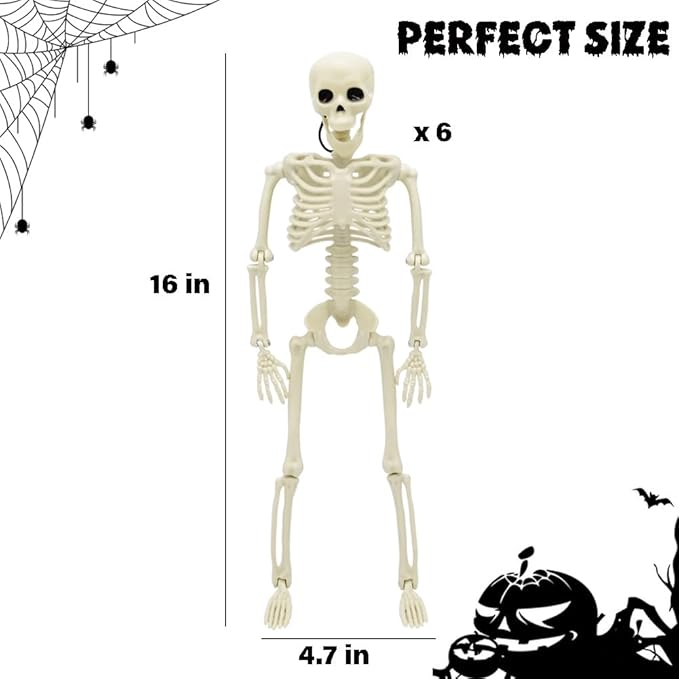 6 Packs Halloween Skeletons, 16 Inch Posable Skeletons Halloween Decorations with Movable Posable Joints, Full Body Mini Plastic Skeleton for Yard Garden Lawn Haunted House Graveyard Props Decor