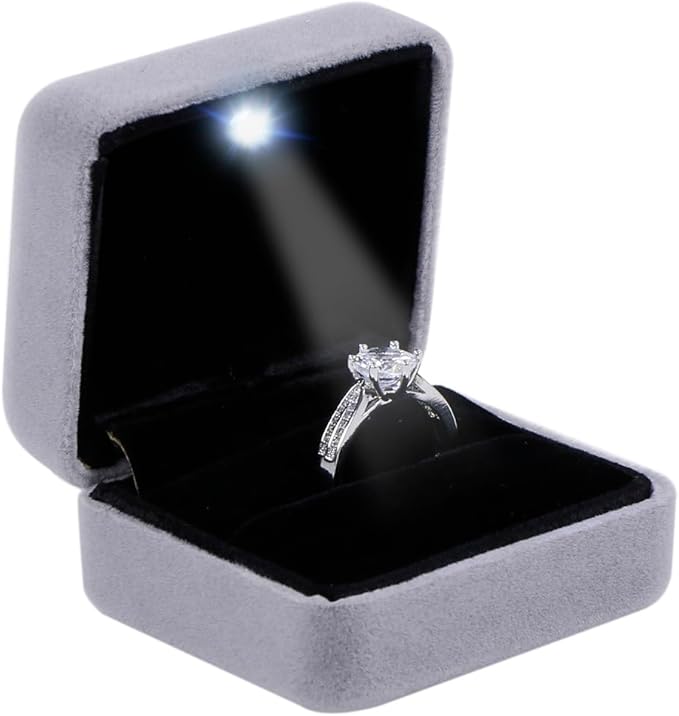 Velvet Metal Glossy with LED Jewelry Gift Box for Proposal, Engagement, Wedding - Easy to fit into Your Pocket or Handbag - Grey
