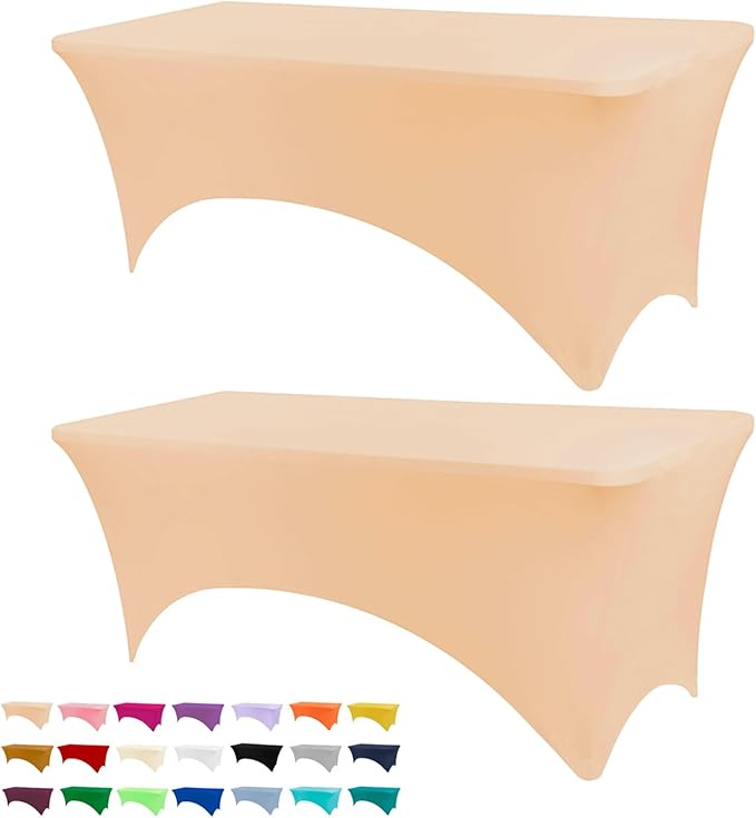 Table Covers for 6 Foot Tables, 2 Pack Champagne Washable and Wrinkle Resistant Stretch Tablecloths Rectangle 6ft for Events, Wedding, Banquets, Parties