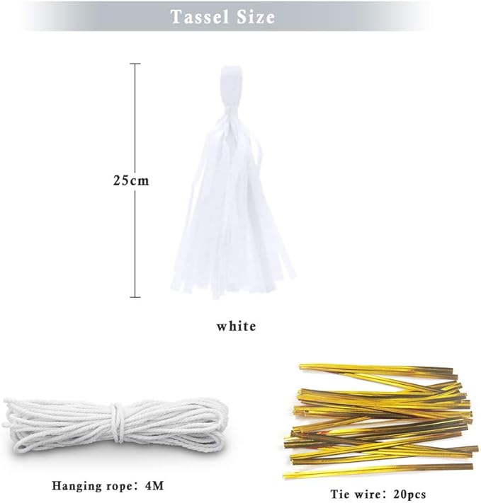 9.8in White Tissue Paper Tassel DIY Hanging Paper Decorations Party Garland for Party, Wedding, Festival, Baby Shower 20PCS (25cm)
