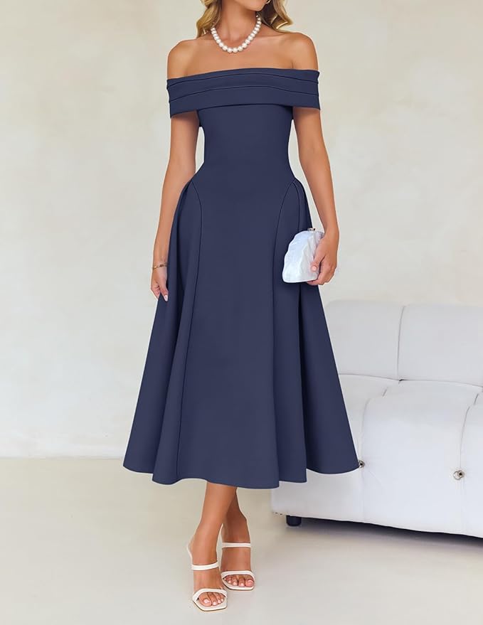 ZESICA Summer 2026 Cocktail Dresses for Women's Off Shoulder Short Sleeve Swing A Line Wedding Evening Party Midi Dress