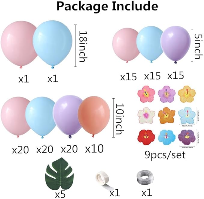 Moana Birthday Decorations Pink Purple and Blue Balloon Arch Kit with Summer Hibiscus Stickers for Tropical Hawaii Luau Tiki Magic Theme Party Supplies