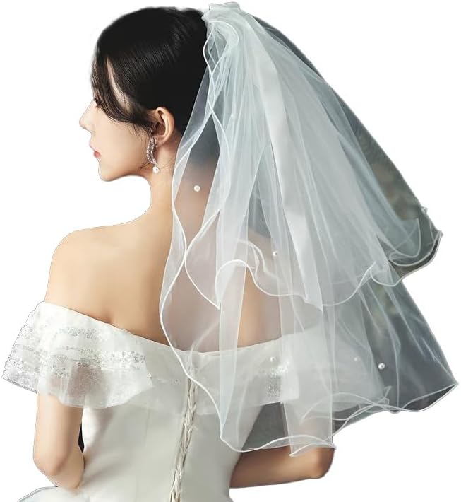 White Short Wedding Veil Pearl Rhinestone Bride Veils Bridal Veils Bachelorette Party Veil for Brides and Women
