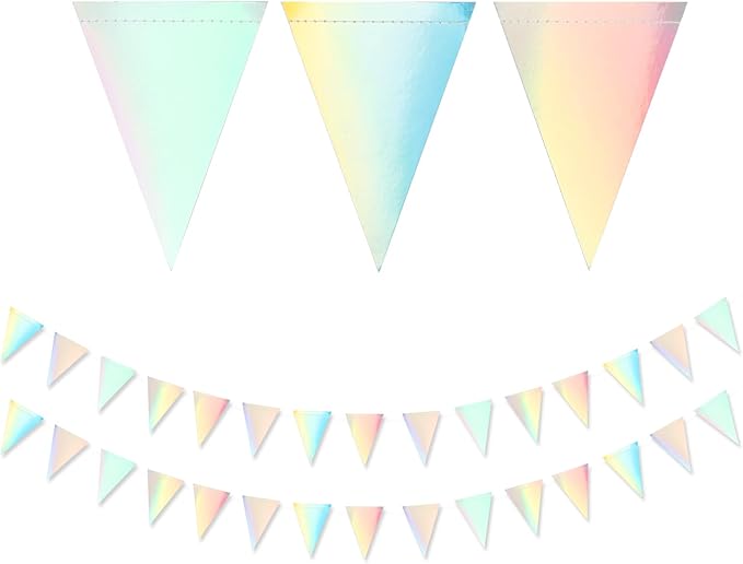 Iridescent Disco-Holographic Party Decorations Banner - 2pcs Wedding Baby Bridal Shower Hanging Paper Pennant Flags Streamers, Birthday Bachelorette Engagement Neon Decor Lasting Surprise