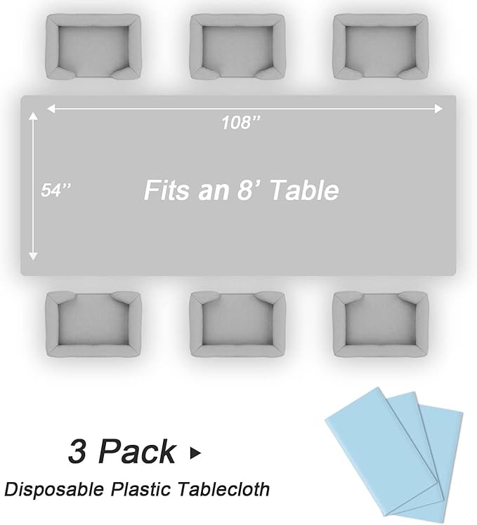 QIKSION Light Blue Plastic Table Cloth Disposable 3 Pack, 54 x 108 Inch Tablecloths for Baby Shower Birthday Party, Easter Decorations, Rectangle Table Cover