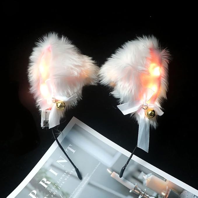 Light Up Headband Cat Ears With Bell Furry Headband Rave Accessories For Women Girls Valentine's Day Party Costume