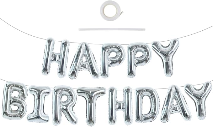 TONIFUL Silver Happy Birthday Balloons Banner, 16 Inch Mylar Foil Letters Sign Bunting Reusable for Girls Boys Kids & Adults Birthday Decorations Party Supplies