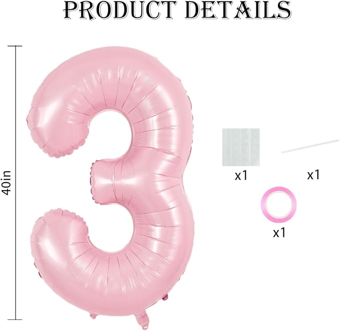 TONIFUL 40 Inch Pastel Pink Number 3 Balloon Balloon Big Pink Digital 3 Balloon for Girl's Birthday Party Wedding Bridal Shower Engagement Anniversary Photo Shoot Supplies