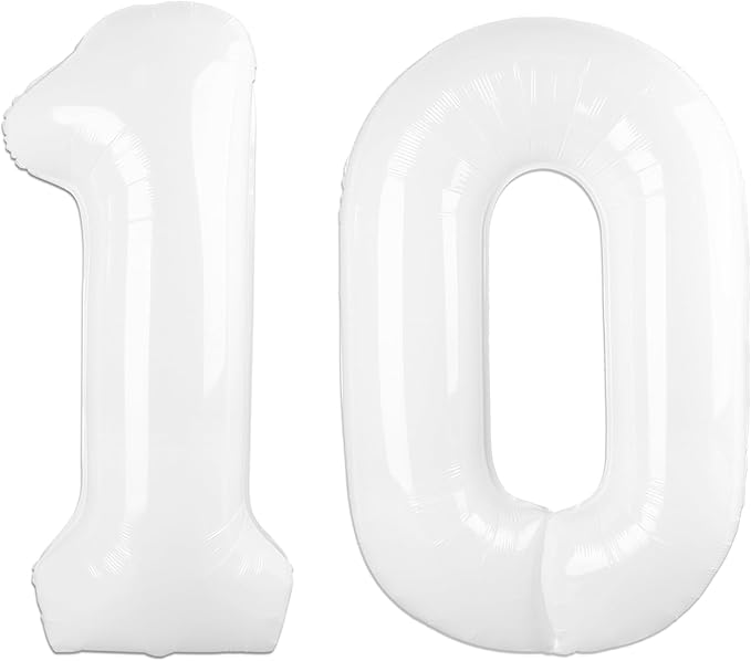 40 Inch White Number 10 Digital Balloon,Jumbo Mylar Foil Helium Balloon for 10 Balloons for Birthday Party,Wedding Anniversary Party Decorations
