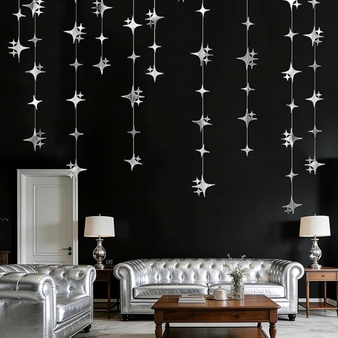 Glitter Silver Four-Angle Star Paper Garland Banner Décor 40 Feet Twinkle Silver Star Hanging Bunting Banner Backdrop for Wedding Baby Shower Birthday Graduation Disco Party Decorations