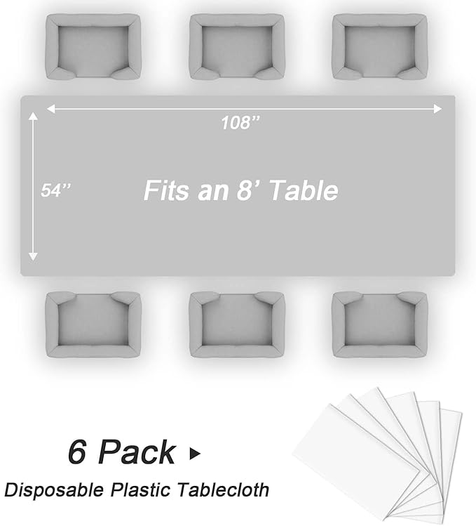 QIKSION White Plastic Table Cloth Disposable 6 Pack, 54 x 108 Inch Tablecloths for Party, Picnic, Birthday, Rectangle Table Cover