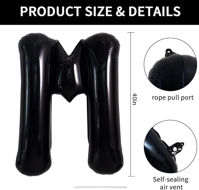 TONIFUL 40 Inch Large Black M Letter Balloon - Jumbo Helium Foil Mylar Big Alphabet for 2026 New Year Eve Graduation Wedding Baby Shower Birthday Party Anniversary Supplies Decorations