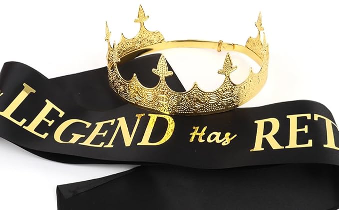 Semato Retirement Sash and Crown Kit for Men: King Crown, Retired Sash, Gold, One Size, Adult Men's Retirement Decorations