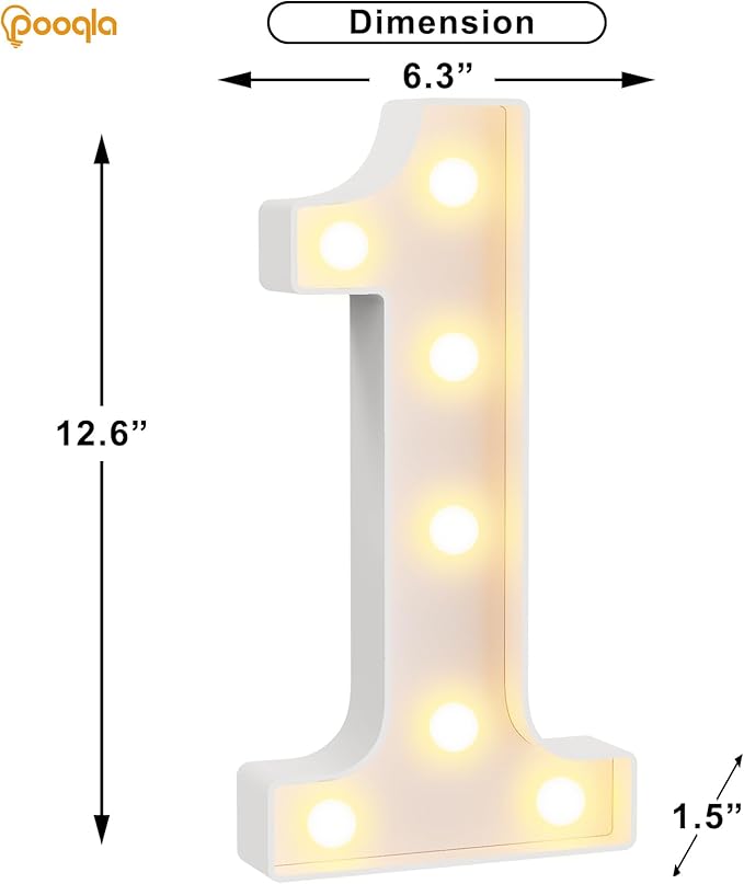 Pooqla 1st Birthday Decorations for Girls Boys, Large 12.6 in Tall Light Up Numbers for Party Decorations Table Backdrop Wall Decor, Big Marquee Number 1 Gift for First Birthday Anniversary Decoration