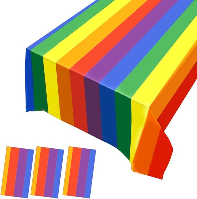 3 Pack Rainbow Pride Plastic Tablecloths - Disposable, Waterproof, Oil-Proof Table Covers for BBQ, Picnic, Birthday, Wedding Parties - 54 x 108 in