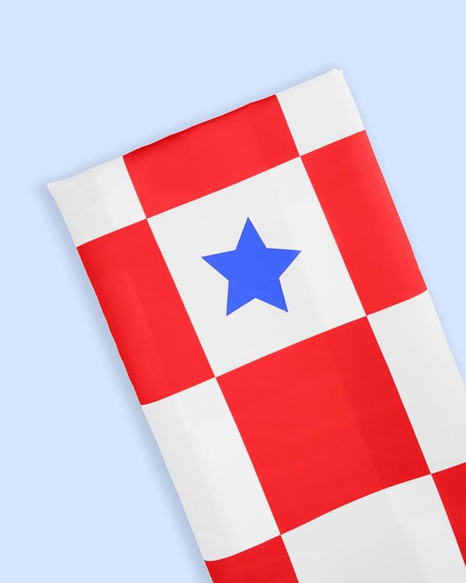 xo, Fetti Fourth of July Washable Tablecloth - 9ft. | USA Red White and Blue Party Decorations, American Flag Party Supplies, 4th of July Patriotic Decor, Stars and Stripes Tableware