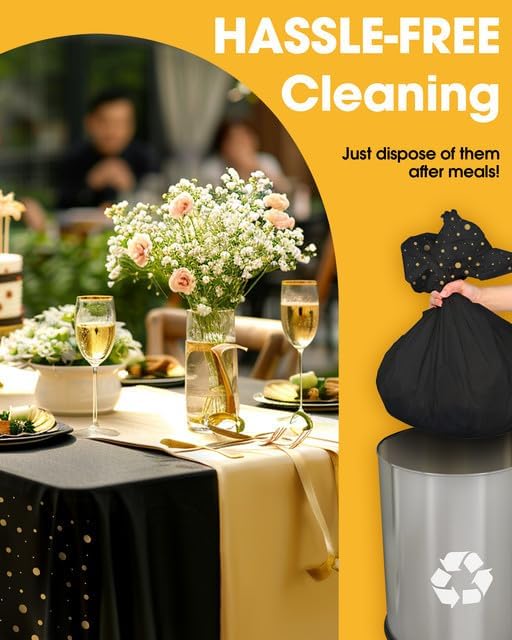 Graduation Decorations Table Cloth for Rectangle Table and Table Runner Set - 3+3 Pack, Black and Gold Plastic Tablecloth Disposable for Birthday, Wedding, Baby Shower, New Year